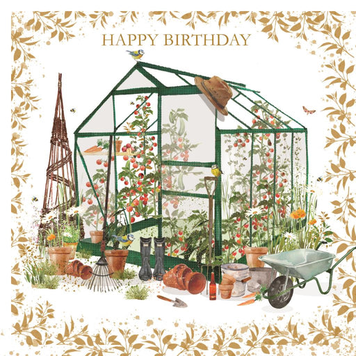 Birthday Card for Friend or Relative – Charming Greenhouse and Garden Tools Illustration