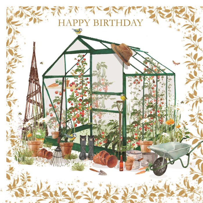 Birthday Card for Friend or Relative – Charming Greenhouse and Garden Tools Illustration