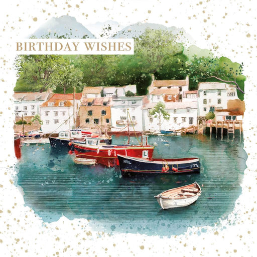 Birthday Card for Friend or Relative – Scenic Coastal Fishing Harbour Scene