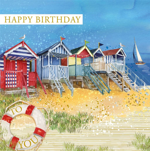 Seaside beach huts birthday greeting card