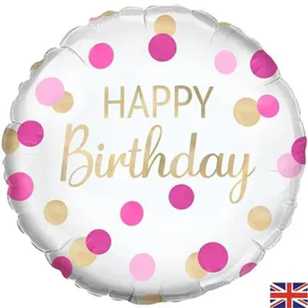 Happy Birthday Pink And Gold Polka Dots Foil Balloon (Optional Helium Inflation)