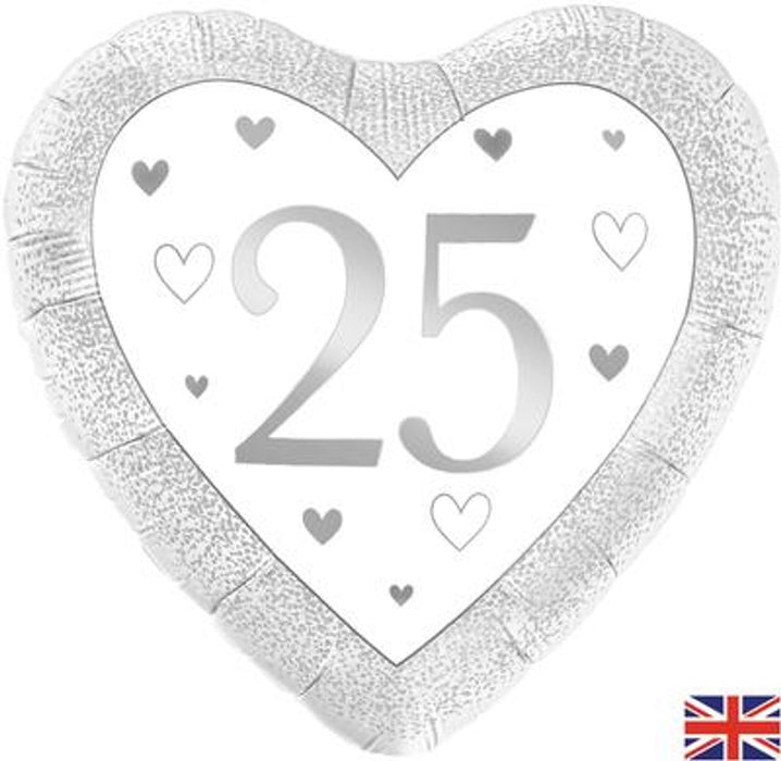 Happy 25th Anniversary Heart Silver 18" Foil Balloon (Optional Helium Inflation)