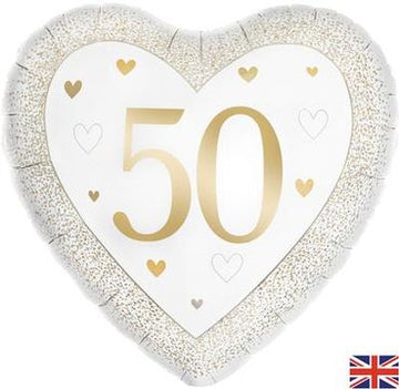 Golden 50th Wedding Anniversary Heart Foil Balloon (Optional Helium Inflation)