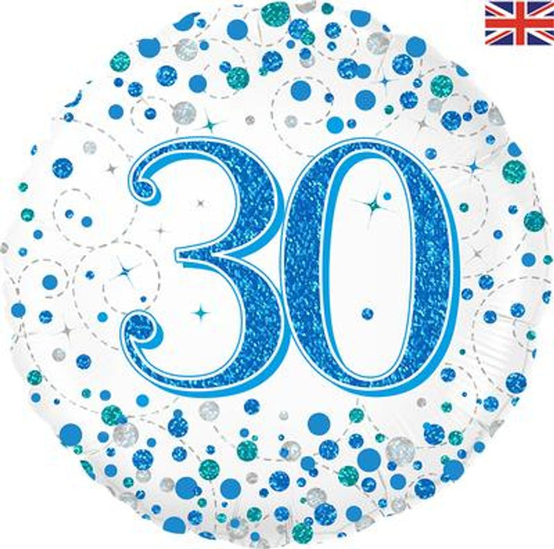 30th Sparkling Fizz Birthday Blue Holographic 18" Foil Balloon (Optional Helium Inflation)