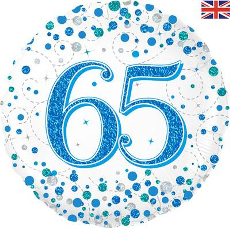 65th Sparkling Fizz Birthday Blue Holographic 18" Foil Balloon (Optional Helium Inflation)