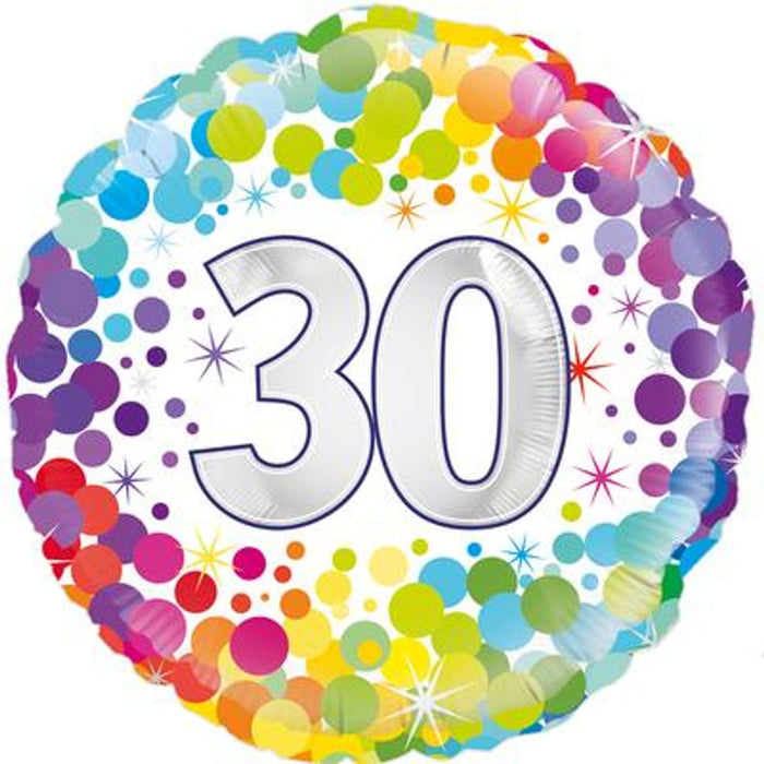 30th Colourful Confetti Birthday 18" Foil Balloon (Optional Helium Inflation)