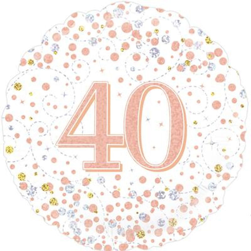40th Sparkling Fizz Birthday White & Rose Gold Holographic 18" Foil Balloon (Optional Helium Inflation)