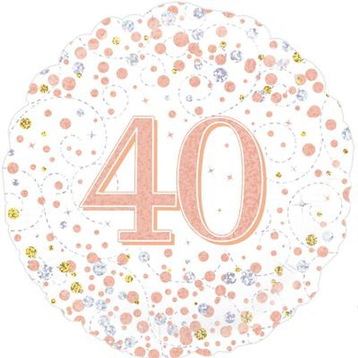 40th Sparkling Fizz Birthday White & Rose Gold Holographic 18" Foil Balloon (Optional Helium Inflation)