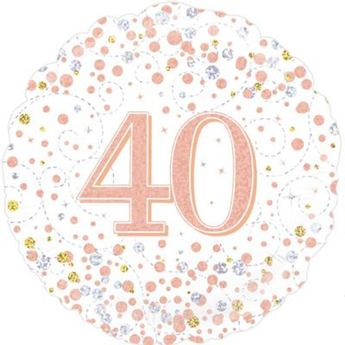 40th Sparkling Fizz Birthday White & Rose Gold Holographic 18" Foil Balloon (Optional Helium Inflation)