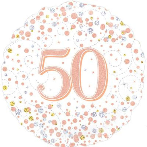 50th Sparkling Fizz Birthday White & Rose Gold Holographic 18" Foil Balloon (Optional Helium Inflation)