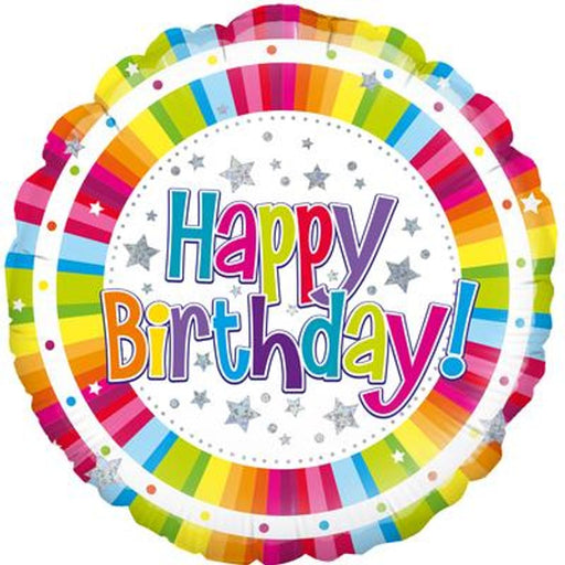 Bright Stripe Birthday Holographic 18" Foil Balloon (Optional Helium Inflation)