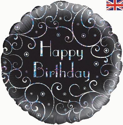 Black and Silver Holographic Happy Birthday Helium Balloon (Optional Helium Inflation)