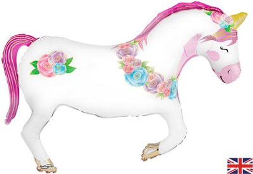 White Unicorn SuperShape Foil Balloon 34" (Optional Helium Inflation)