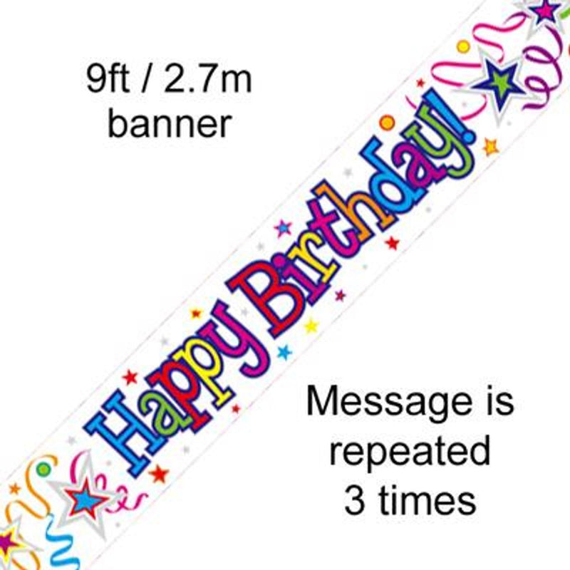 9ft Banner Happy Birthday Ribbons and Stars