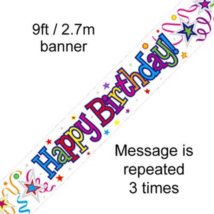 9ft Banner Happy Birthday Ribbons and Stars