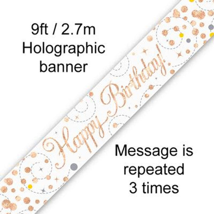 9ft Banner Sparkling Fizz Birthday White & Rose Gold Holographic