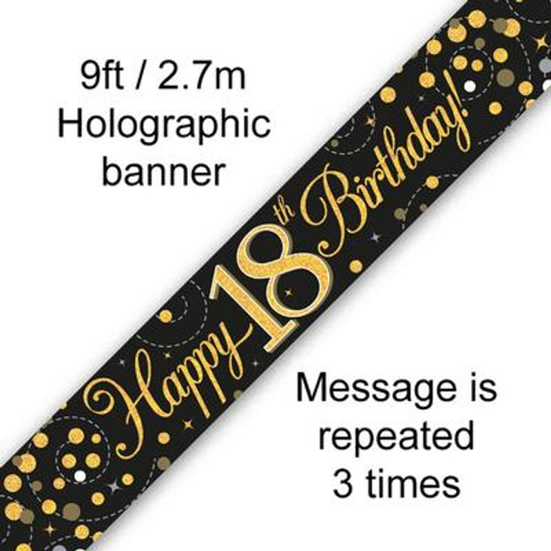 9ft Banner Sparkling Fizz 18th Birthday Black & Gold Holographic