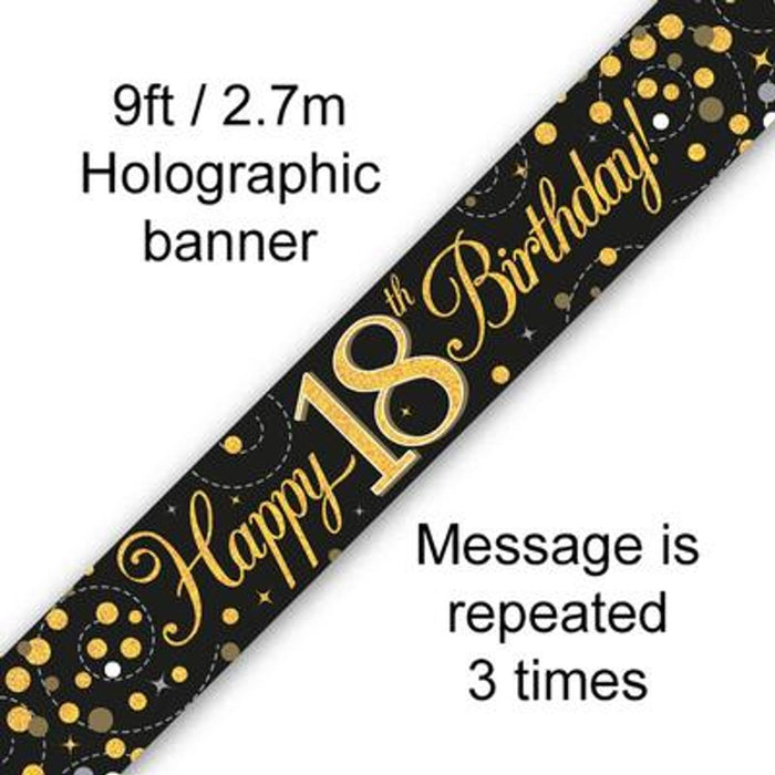 9ft Banner Sparkling Fizz 18th Birthday Black & Gold Holographic