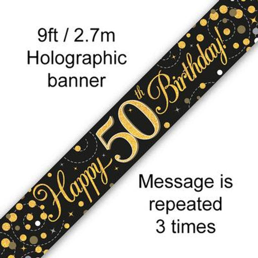 9ft Banner Sparkling Fizz 50th Birthday Black & Gold Holographic