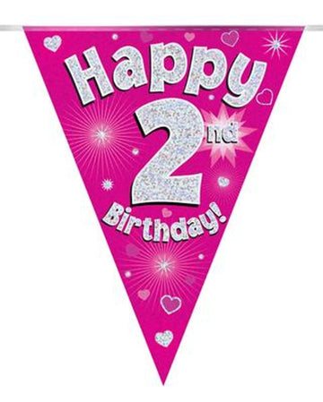 Party Bunting Happy 2nd Birthday Pink Holographic 11 flags 3.9m