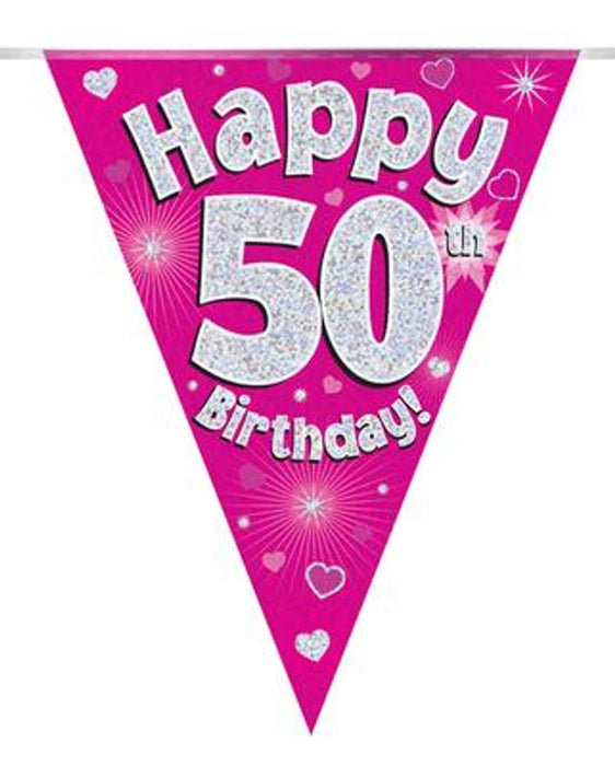 Party Bunting Happy 50th Birthday Pink Holographic 11 flags 3.9m