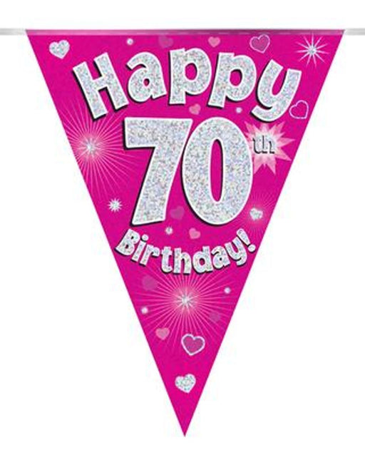 Party Bunting Happy 70th Birthday Pink Holographic 11 flags 3.9m