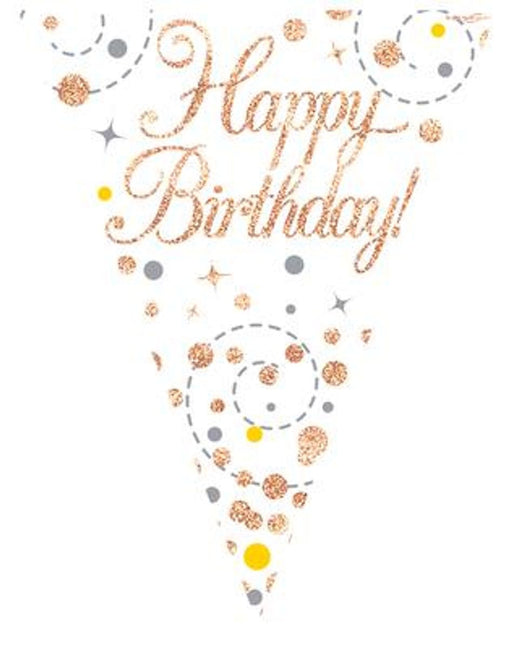 Party Bunting Sparkling Fizz Birthday White & Rose Gold Holographic 11 flags 3.9m
