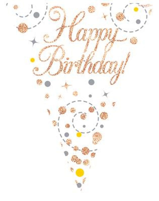 Party Bunting Sparkling Fizz Birthday White & Rose Gold Holographic 11 flags 3.9m
