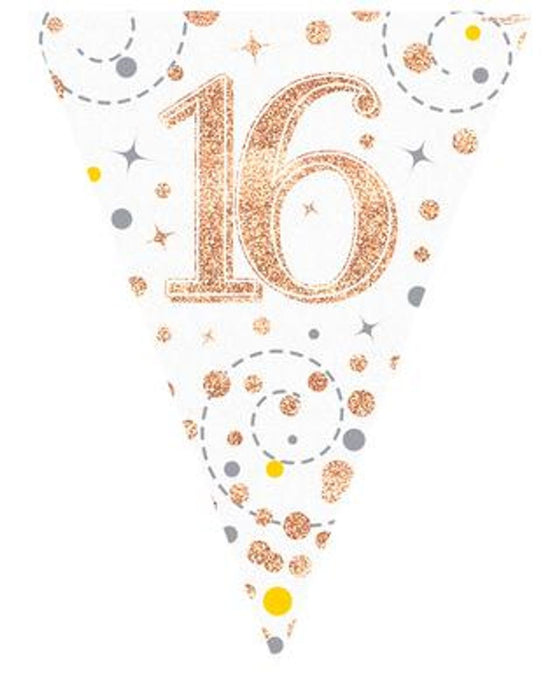 Party Bunting Sparkling Fizz 16 White & Rose Gold Holographic 11 flags 3.9m