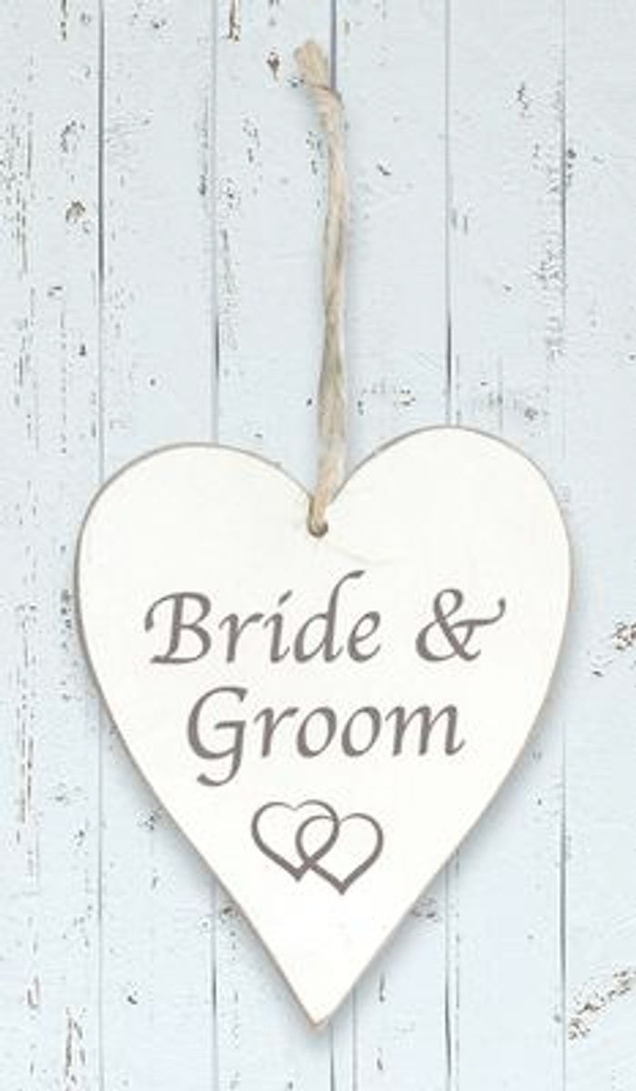 Wooden Heart Whitewash 9cm x 11cm Bride & Groom 1pc