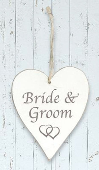 Wooden Heart Whitewash 9cm x 11cm Bride & Groom 1pc
