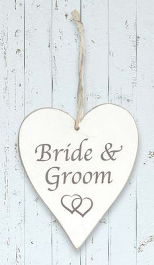 Wooden Heart Whitewash 9cm x 11cm Bride & Groom 1pc