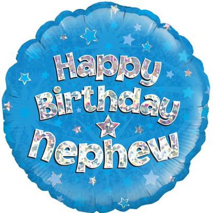 Happy Birthday Nephew Blue Holographic 18" Foil Balloon (Optional Helium Inflation)