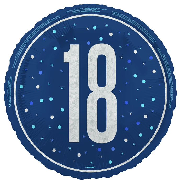 18th Blue Glitz - Helium Filled Foil Balloon (Optional Helium Inflation)