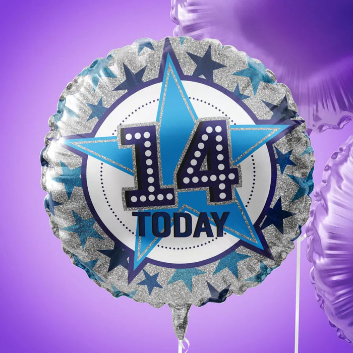 Blue 14th Today Number Foil Balloon (Optional Helium Inflation)