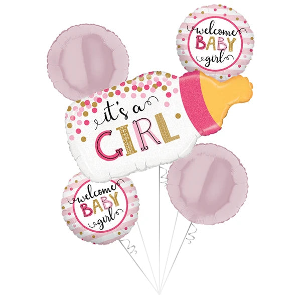 It's a Girl Helium Balloon Bouquet 5 Pack Foil Set (Optional Helium Inflation)