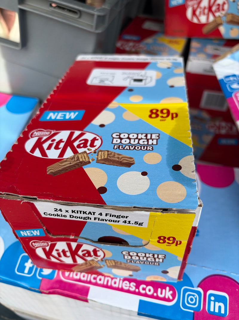 Sealed display box of 24 KitKat Cookie Dough bars, price marked 89p