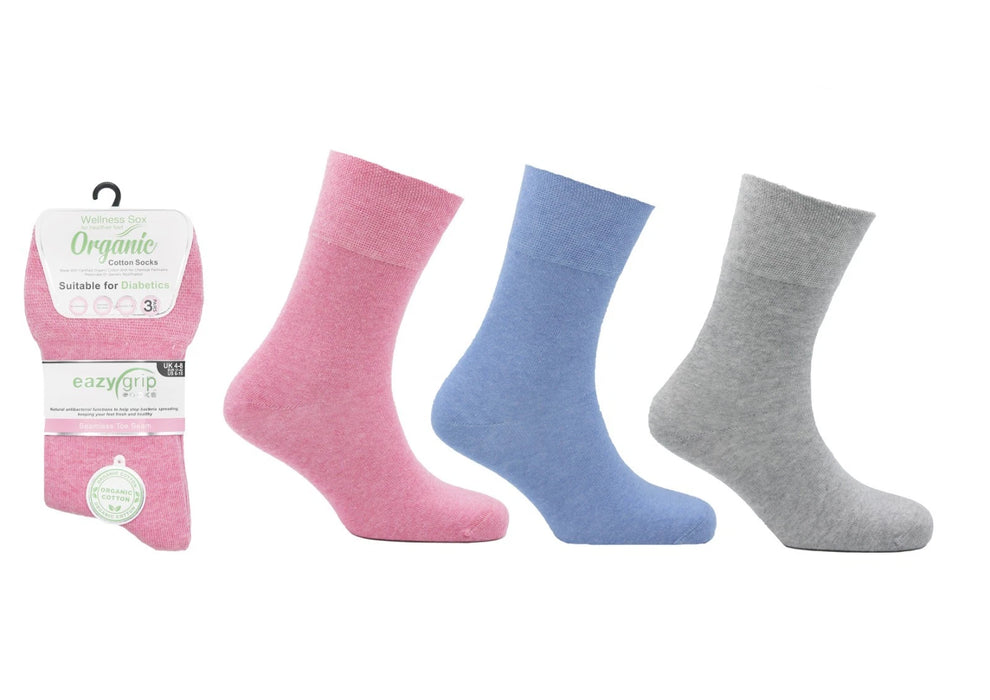 Ladies 3 Pair Pack Wellness Organic Cotton Socks – UK 4-8 | EU 37-42 (Pink Grey Blue)