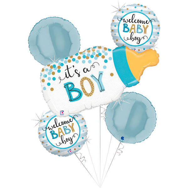 It's a Boy Helium Balloon Bouquet 5 Pack Foil Set (Optional Helium Inflation)