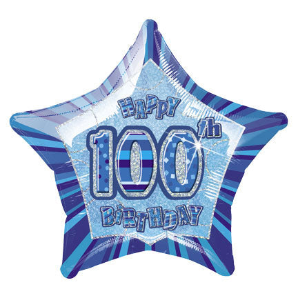 Happy 100th Birthday Blue Star- Helium Filled Foil Balloon (Optional Helium Inflation)