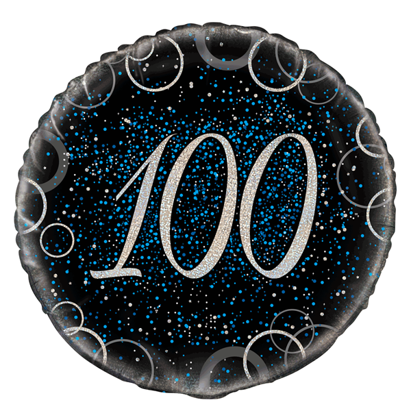100th Black Blue Prismatic Birthday - Helium Filled Foil Balloon (Optional Helium Inflation)