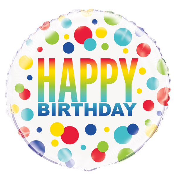 Happy Birthday Rainbow Spots Foil Helium Balloon (Optional Helium Inflation)