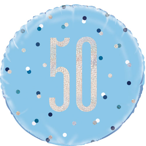 50th Blue Glitz - Helium Filled Foil Balloon (Optional Helium Inflation)