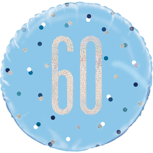 60th Blue Glitz - Helium Filled Foil Balloon (Optional Helium Inflation)