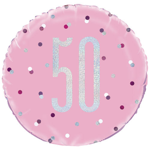 50th Pink Glitz Helium Filled Holographic Balloon (Optional Helium Inflation)