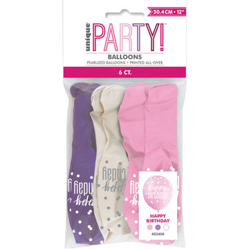 Happy Birthday Glitz Pink, Lavender and White Balloon x 6