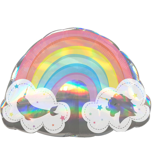 Rainbow Unicorn Holographic SuperShape Foil Balloons 28" (Optional Helium Inflation)