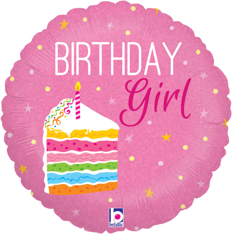 Birthday Girl Cake Holographic Foil Helium Balloon (Optional Helium Inflation)