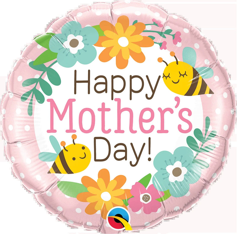 Flowers And Bees Happy Mothers Day Foil Balloon (Optional Helium Inflation)