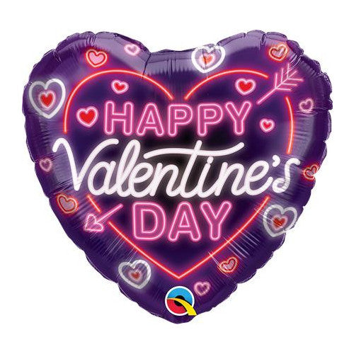 Happy Valentine's Day Neon Glow Heart Shaped Foil Balloon (Optional Helium Inflation)